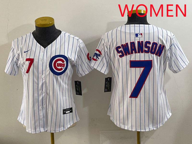 Women 2025 Chicago Cubs #7 Swanson White Stripe Game Nike MLB Jersey style 3->women mlb jersey->Women Jersey